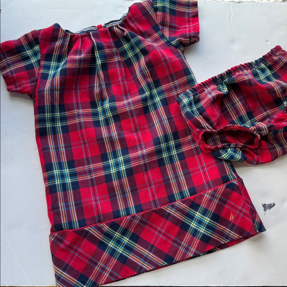Nautica Red Plaid Christmas Holiday Dress Short‎ Sleeve Lined Bloomers Sz 24M
